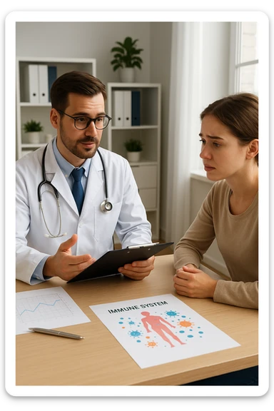 a doctor sits across from a patient in a bright, modern medical office. The doctor holds a clipboard and gently explains the diagnosis, while the patient listens with a concerned but attentive expression. On the desk, there are medical charts and a diagram of the immune system. The mood is empathetic and professional. sticker