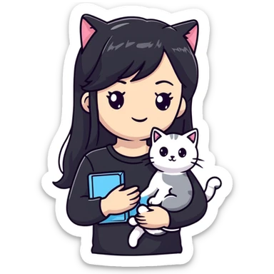 beautiful girl with long black hair wearing a black shirt holding a silver-colored cat sticker