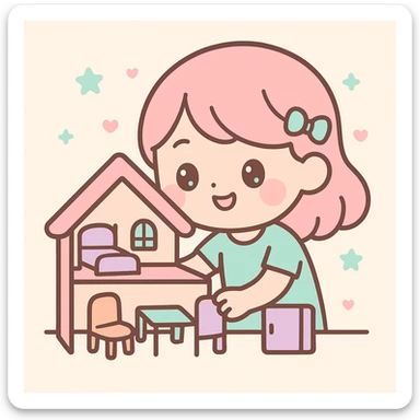 smiling girl arranging furniture in doll house sticker