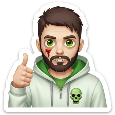 zombie with thumbs up gesture, undercut hairstyle with dark brown hair, short full beard, heterochromia with one green eye and one brown eye, wearing plain white hoodie with hood up sticker