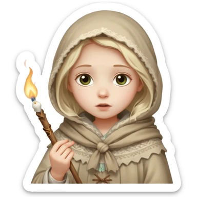 A small girl in a worn winter dress and shawl, holding a glowing matchstick close to her face, eyes wide with soft hope.
 sticker