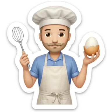 Middle aged male pastry chef - with a small beard, apron, white hat, holding an egg beater in one hand and naturally drooping in the other hand sticker