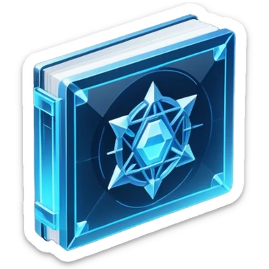 Futuristic holographic data book icon, dark sci-fi interface style, crystal neon blue light, sharp geometry, high tech game UI icon, minimalistic, cyber space theme, volumetric glow, centered, transparent background, no cartoon, no cute, no emoji face, 100x100 px sticker