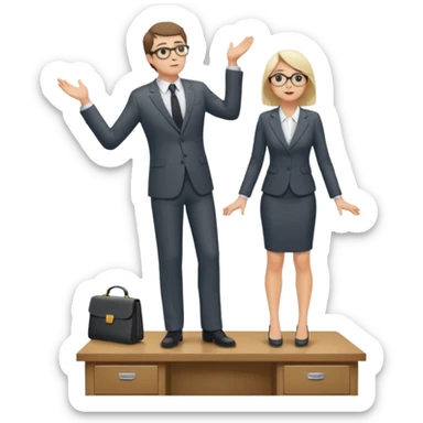 A very tiny man standing on top of a giant woman's desk looking up at her sticker