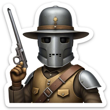 Cinematic Realistic Ned Kelly Portrait Emoji, depicted as the legendary Australian bushranger in his iconic homemade iron helmet and armor, gripping a revolver with a defiant stance. The scene is rendered with gritty textures and dramatic, shadowed lighting, evoking the lawless frontier and his rebellious, fearless legacy. sticker