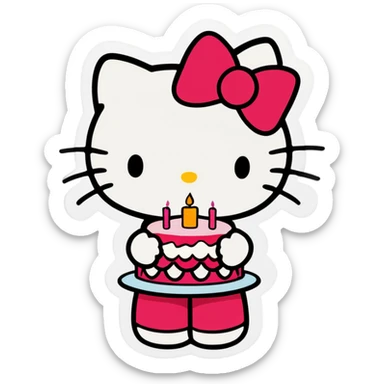 hello kitty holding a cake that says happy birthday sticker