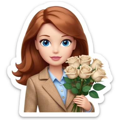 A Barbie girl with blue eyes, shoulder-length reddish-brown hair, made-up, wearing a beige tweed jacket and a beige skirt, with a bouquet of white roses sticker