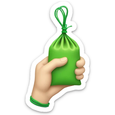 hand holding a green pouch tied with light green string sticker