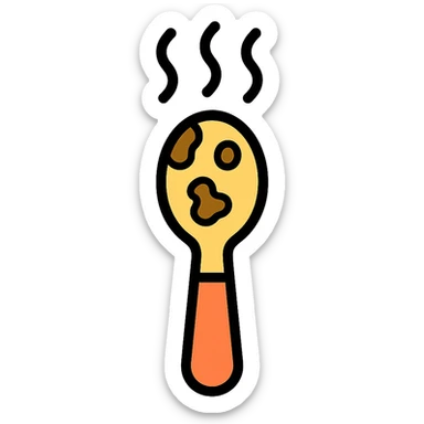 used spoon covered in grime with cartoonish odor vapors, icon style, minimalistic but expressive sticker