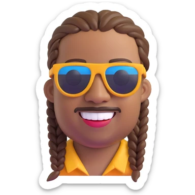 Stevie Wonder as an emoji, smiling, wearing sunglasses and a braided hairstyle sticker