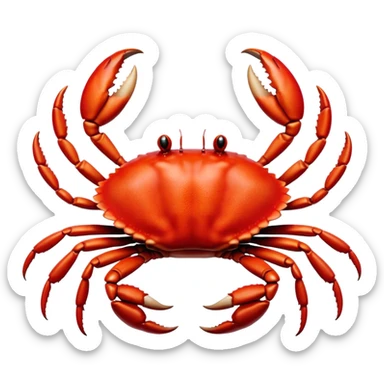 Cinematic Realistic Noble Crab Portrait Emoji, Poised and commanding, with a robust, angular build and a vividly red, textured exoskeleton naturally forming a distinctive face with expressive eyes, rendered in lifelike detail with realistic sandy accents, high shine, intelligent and resolute, styled with an air of coastal authority, focused and attentive, soft glowing outline, capturing the essence of a watchful and confident crab that appears ready to scuttle out of the screen with effortless power! sticker