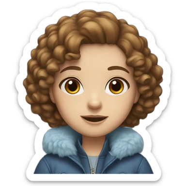 Girl, slightly curly brown hair, light blue eyes, blue jacket with fur sticker