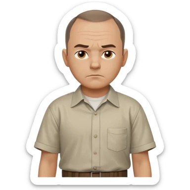 Carl from Sling Blade, serious expression, recognizable features, chin sticking out, slouching posture, no glasses, shirt with collar,  side view,show his entire body, he is standing. three-quarter face angle. He sticks his head forward. not apple style emoji sticker