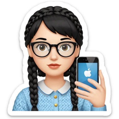 Black hair braided to one side, bangs, horn-rimmed glasses, and taking mirror selfies with iPhone white. Holding a phone to show the iPhone logo sticker