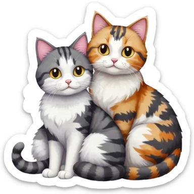 full body colourful light patched calico + white tabby cat cuddling a bigger cat that is dark grey and white tabby cat  sticker