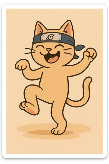 cat dancing with a naruto headband, joyful and energetic atmosphere, simple background sticker