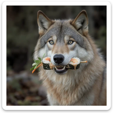 realistic wolf holding a sushi roll in its mouth, realistic style sticker