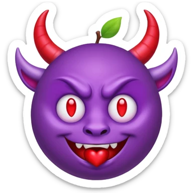 Purple demon emoji with red hearts for eyes, apple emoji, circular head with horns sticker