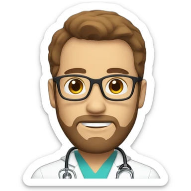 white doctor with short brown hair, big forehead, glasses and beard sticker