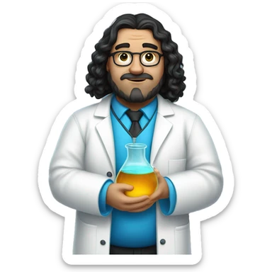 a white man fat chemist in a white coat with long wavy black hair holding a beaker with bright blue liquid, he has no glasses, no moustache sticker