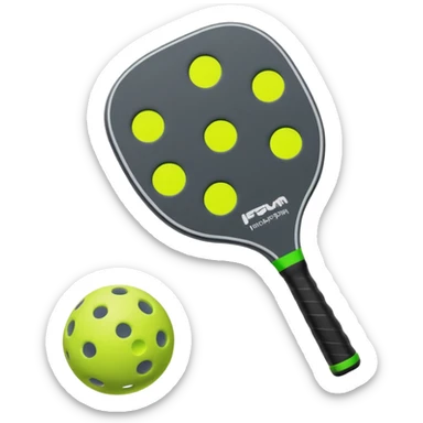 Pickleball paddle in dark grey, with pickleball ball in florescent green at 45 degrees sticker