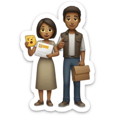 Two characters.  The female character is holding the letter "E" in her hands, and the male character is holding the letter "Y" in her hands. sticker