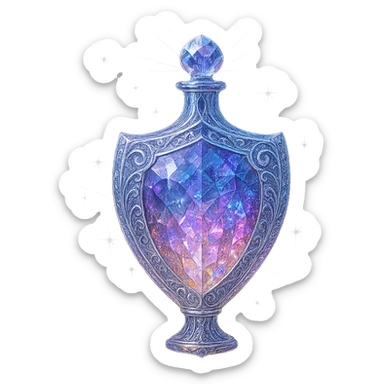 ultra luxurious crystal elixir bottle in shield shape, elegant gradient color palette, multi-layered holographic and silver filigree, intricate crystal texture, magical glowing and sparkling effects, radiant light beams, very small neck, seamless ornate bottom, transparent background, bottle clearly floating in air, no base or shadow, modern, collection style, extremely beautiful and refined sticker