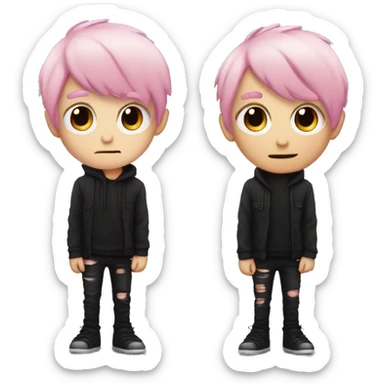 Create an emoji of an emo guy with split-dyed hair—one side pastel pink and the other side black. The hair should have a slightly messy, choppy texture, and the character should have a subtle, sad expression, wearing dark clothing typical of emo fashion sticker
