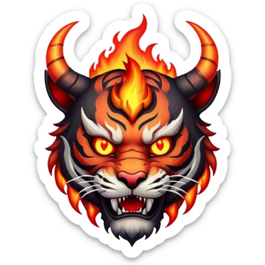 demon tiger face with horns red glowing eyes and fire for Twitch emote sticker