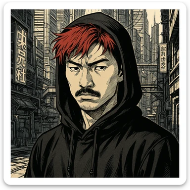 Asian man with black mustache, red hair, black hoodie, Ghost in the Shell manga style, futuristic city background, sharp shadows, high detail sticker
