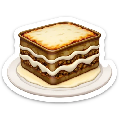 Cinematic Realistic Moussaka Dish Emoji, depicted with layers of eggplant, minced meat, and b√©chamel sauce rendered with rich textures and warm, inviting lighting that captures its Mediterranean flavor. sticker