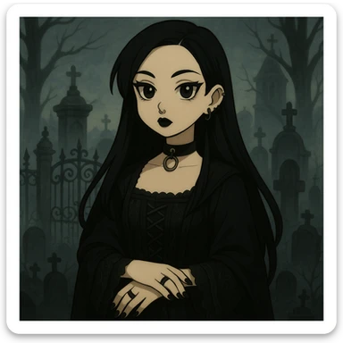 Add a gothic background with a graveyard, wrought iron gates, and mist. Keep Mona Lisa goth with piercings and black nails, maintaining the gothic style. sticker
