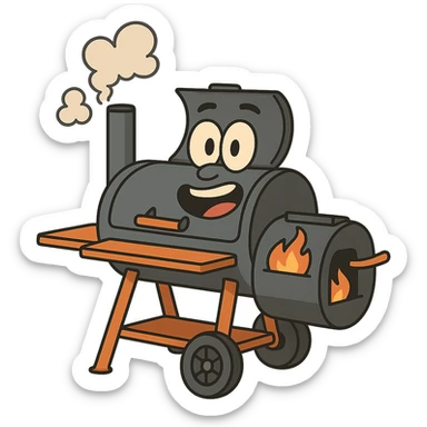 cartoon style bbq smoker with exaggerated features, smoke puffs, bright colors, no background sticker