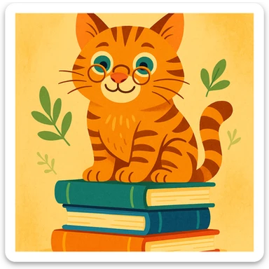a wise old tabby cat wearing tiny reading glasses, sitting atop a stack of books, whimsical storybook style sticker