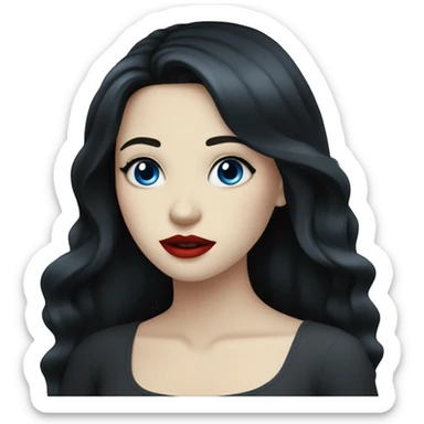 A girl with pale skin, long black hair and blue eyes, with red lips sticker