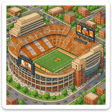 Изометричная, яркая, детализированная и фотореалистичная иллюстрация стадиона Neyland Stadium в стиле 3D-коллажей городов, насыщенные цвета, аккуратные линии, мультяшно-реалистичная стилистика. Чёткие контуры, прозрачный фон, высокое качество. sticker