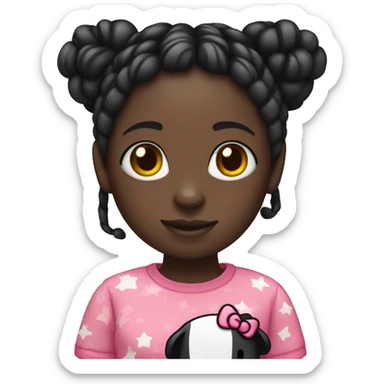 A dark skin girl with black knotless braids and a hello kitty shirt holding a thumbs ip sticker