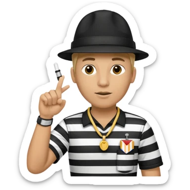 A calm referee with striped shirt, pointing clearly toward the field wearing whistle as a necklace sticker