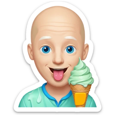 Smiling Bald man with blue eyes with mint ice cream cone all over his face sticking out tongue sticker