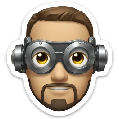 male cyborg head with brown short hair, brown beard, silver steampunk goggles and circuits sticker