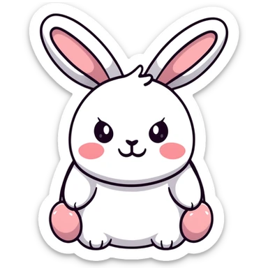 A chubby bunny in perfect Sanrio style like Hello Kitty, ultra simplified design, huge round head, tiny eyes and mouth, no nose, pastel colors, soft round shapes, tiny spikes, adorable expression, clean bold black outline, kawaii sticker