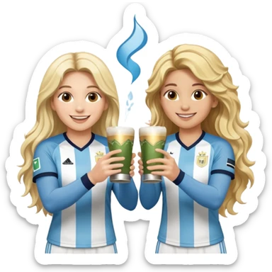 Lionel Messi in Argentina jersey and Shakira in stage clothes, smiling at each other, each holding a traditional yerba mate cup, making a cheerful toast, Shakira with long wavy blonde hair, emoji style, cute and fun, with sparkles sticker