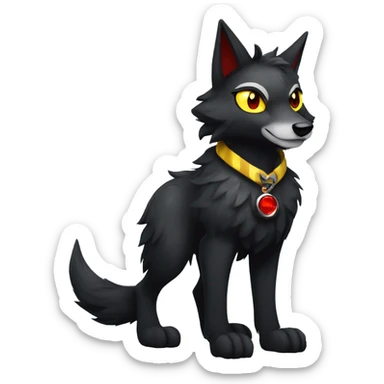 black Shiny Fionbri-Falvie-sparkle-wolf-sona with yellow eyes, red edgy markings full body fursona sticker