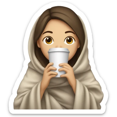 girl inside a blanket sipping coffee eyes closed, brunette with fair skin sticker