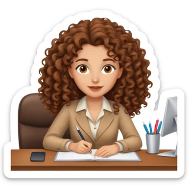 Beautiful woman working at a desk. Her hair is brown long and curly. She is in love sticker