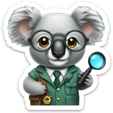 a koala with a detective suit and a magnifying glass sticker