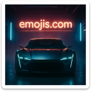 Cinematic still of a futuristic car parked front to camera inside neon garage with led behind saying "emojis.com", room fill with haze, very detailed and futuristic ,inspired by cyberpunk 2077 sticker