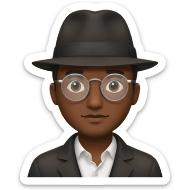 A man emoji with dark skin, wearing round glasses and a black fedora hat, with a clean-shaven face. sticker