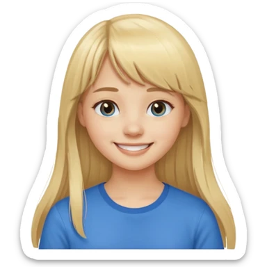 Menina branca de cabelo loiro longo de franja na testa sorrindo  sticker