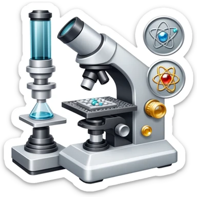 An icon featuring two-ocular electron microscope, a metal alloy, atomic structure symbols, a crystal structure. The design includes different materials like metals, ceramics and polymers, alongside a stamp representing testing and quality control. Transparent background sticker